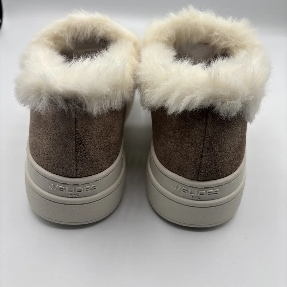 J Slides NYC Taupe Suede Neel Fur Trim Slip On Sneaker‎ Size 6M